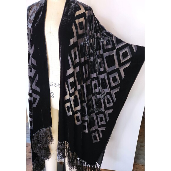 Crushed VELVET Fringed Duster Cloak Cape Flapper Shawl Piano - OS - Picture 9 of 10